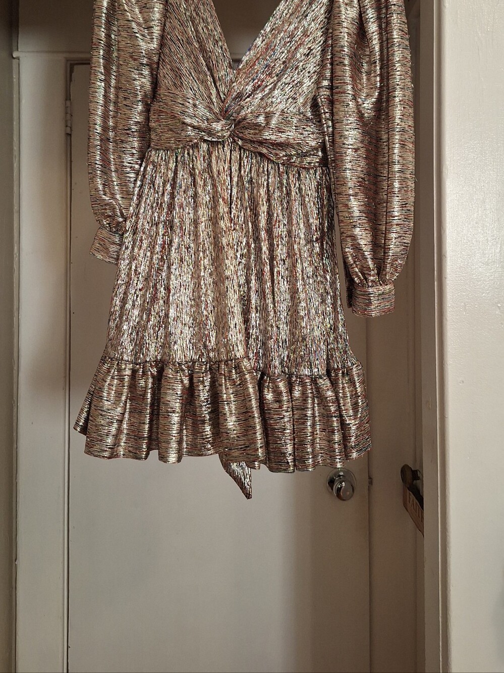 Sabina Musayev Rose Gold Metallic Mini Dress with Puff Sleeves - Picture 2 of 4